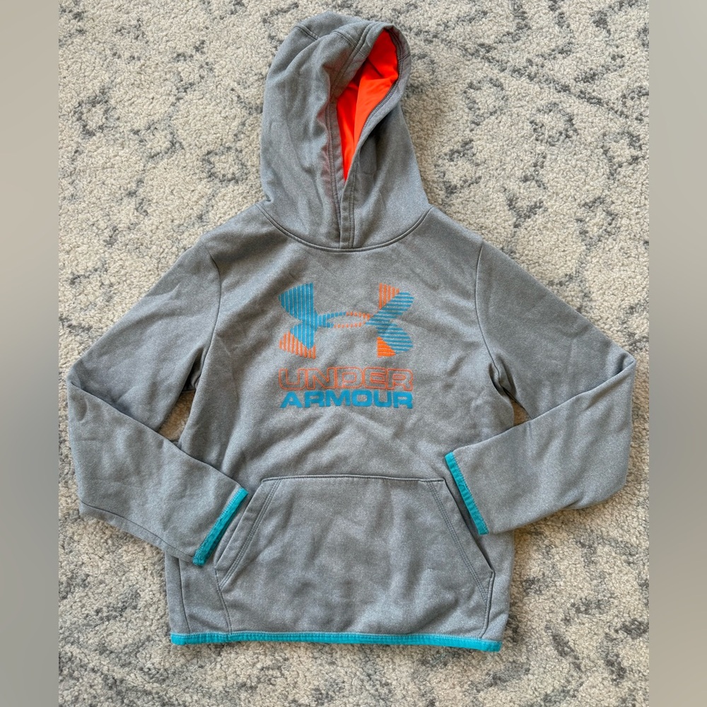Under Armour Kids Hoodie in Gray with Orange and Teal | youth medium